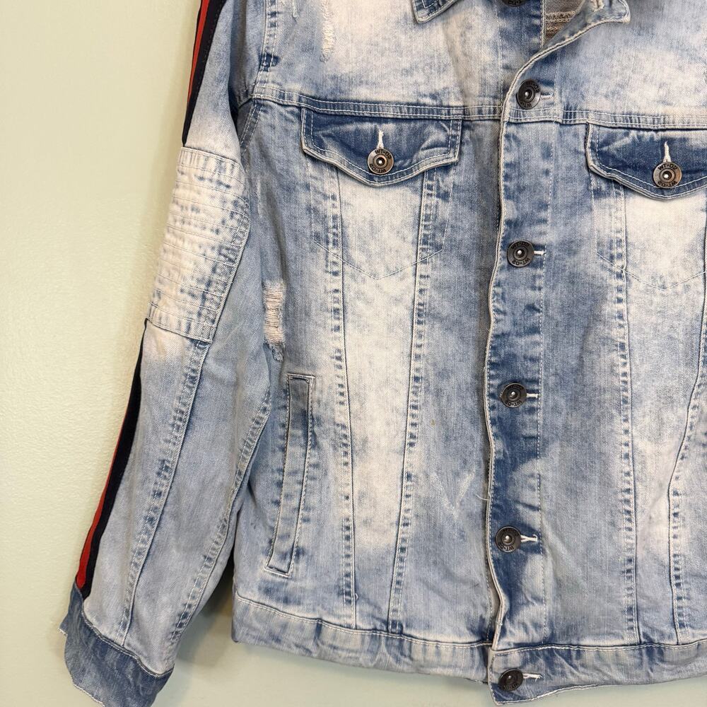 WT02 Denim Jacket Mens M Blue Collared Button Distressed Stripe Sleeve Trucker - Picture 5 of 11